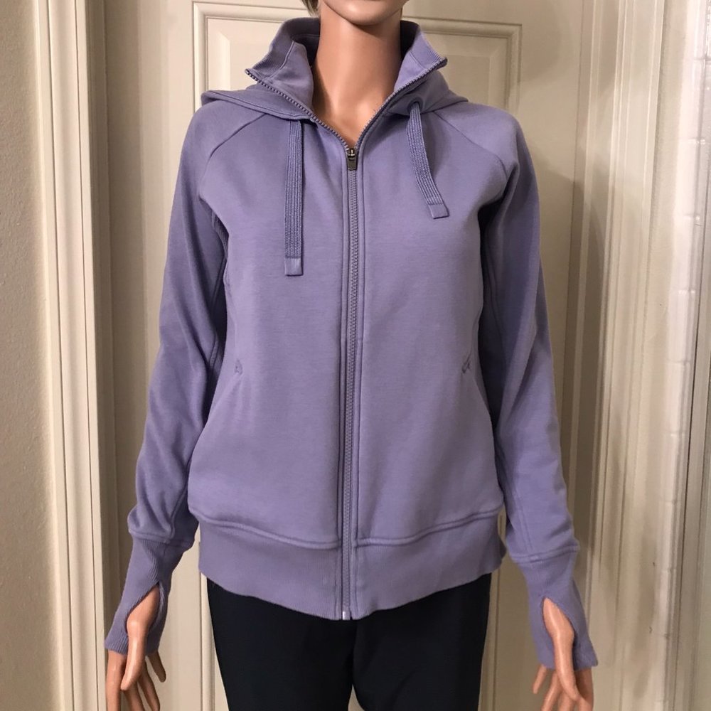 Athleta zipped hooded sweatshirt in light purple.